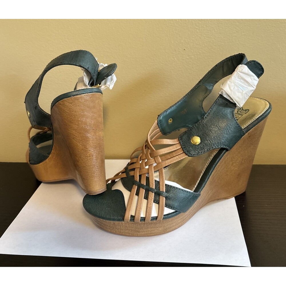 Brash Woman Bohemian 4.75" Wedge Buckle Strap Sandal-Brown/Green-Size 9 NWT Flaw